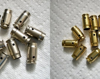 Bullet shell casing pendants, Lot of 5 Brass and 5 nickel .357 Sig Bullet Shell Casings, Pre-drilled for your jewelry needs.....Lot 81