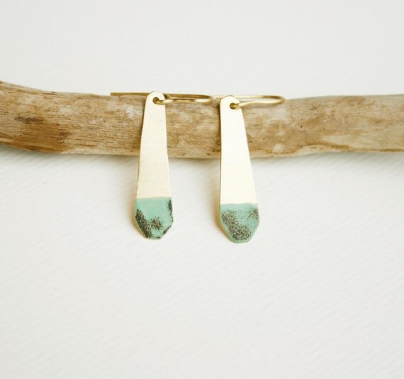 Brass enamel earrings Gold and mint Minimalist earrings