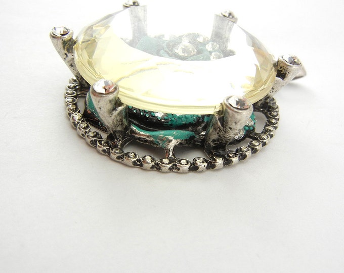 Large Antique Silver-tone Rose Pendant Rhinestones