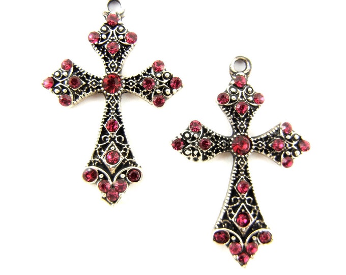 Antique Silver-tone Cross Charms with Red Rhinestones