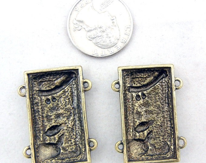 Pair of Double Link Burnished Gold-tone Rectanglular Bird Charms