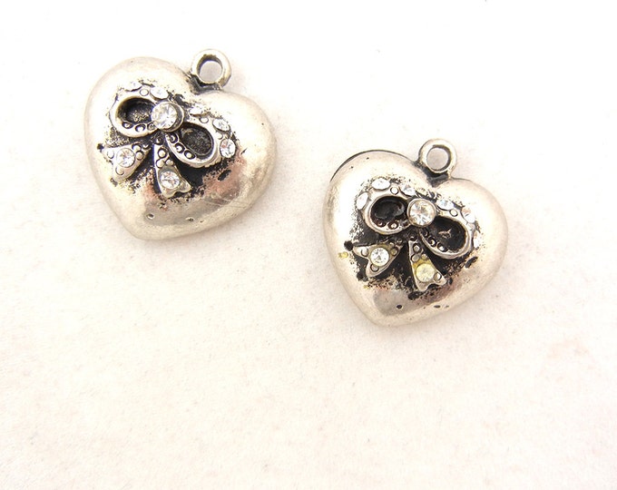 Pair of Antique Silver-tone Heart with Bow Charms Rhinestones