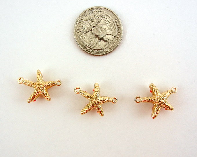 Set of 3 Small Double Link Starfish Charms Gold-tone Coral Acrylic Cabochons