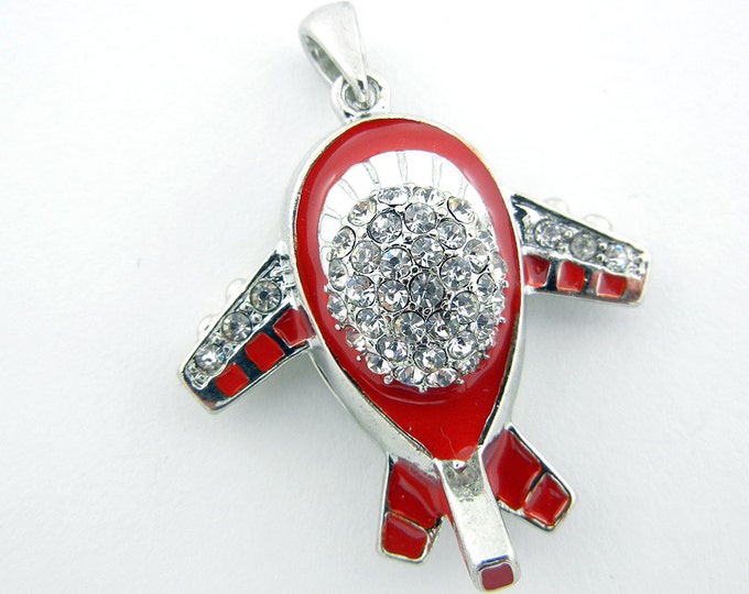 Silver-tone Airplane Rhinestones and Red Epoxy Pendant