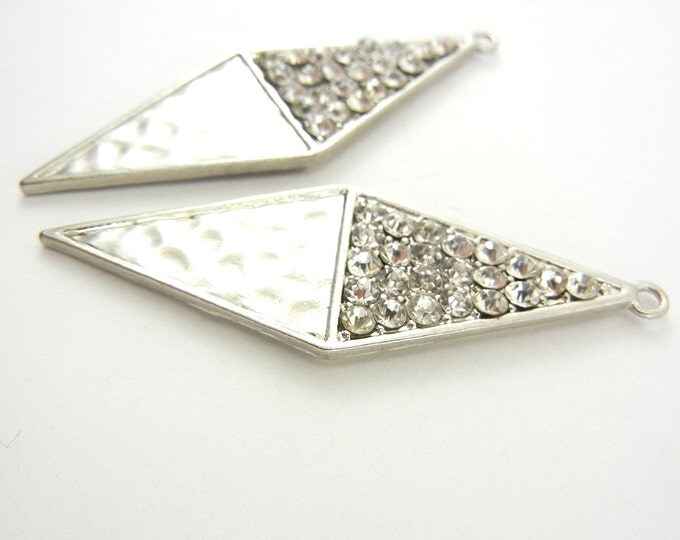 Pair of Diamond Shaped Drop Charms Hammered and Rhinestones