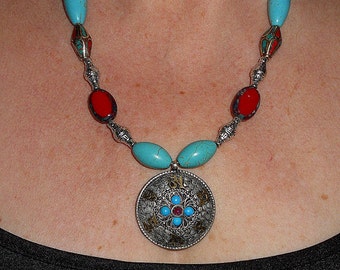 Turquoise beaded necklace, Turquoise and red coral ethnic gypsy ...