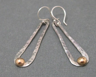 Long Loop Sterling Hammered Earrings with 14kt gold filled accent, Mixed metal Artisan Earrings Handmade Jewelry