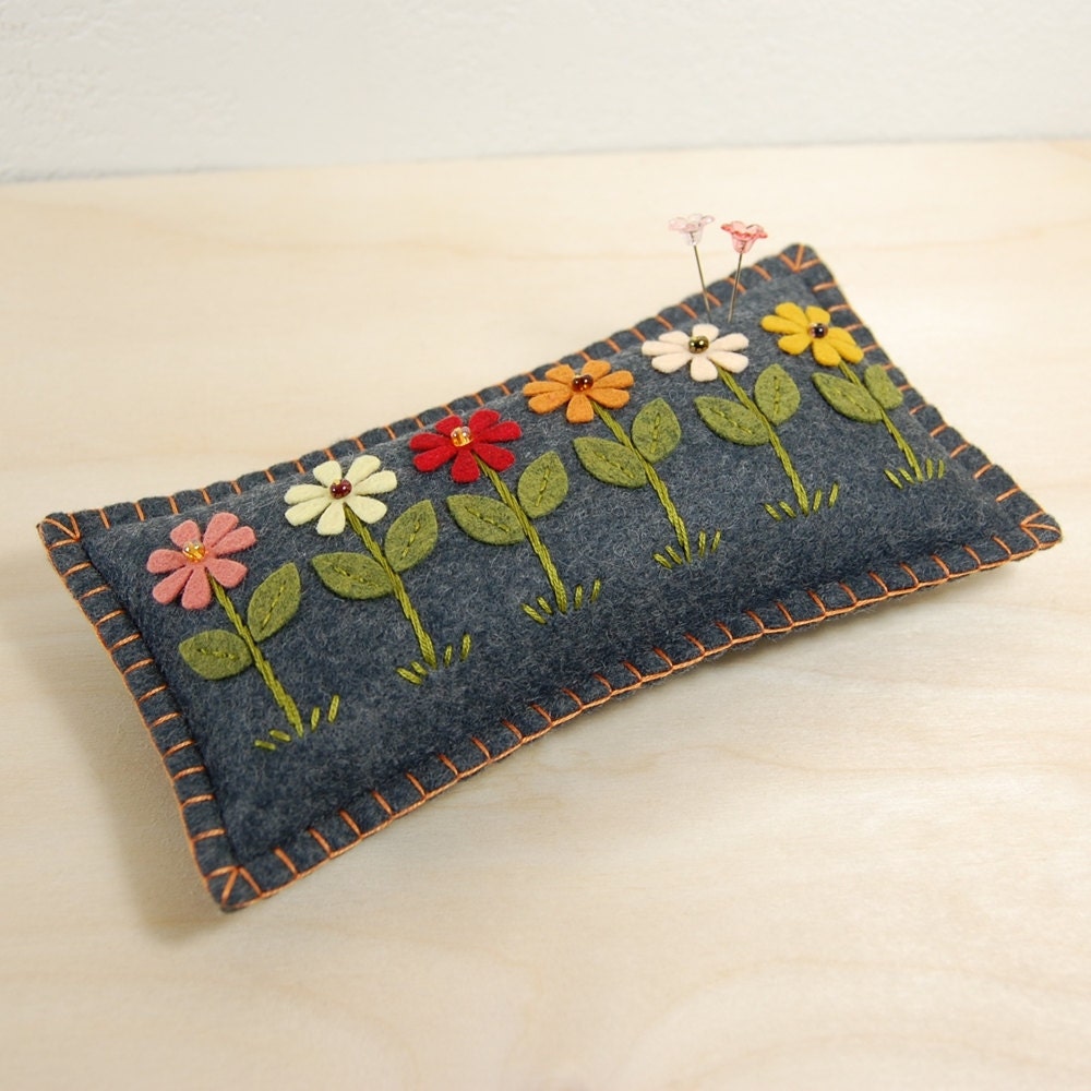 Daisy Garden Pincushion / Small Pillow Hand Embroidered on