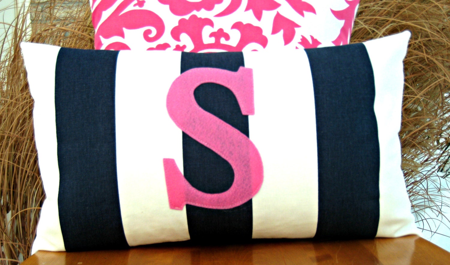 Monogrammed Lumbar Pillow Cover Navy and White Stripe with
