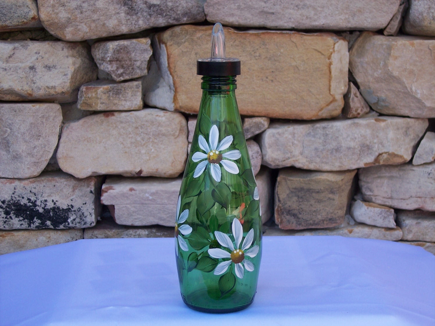 Hand Painted Glass Bottle with White Daisies and Free Flowing