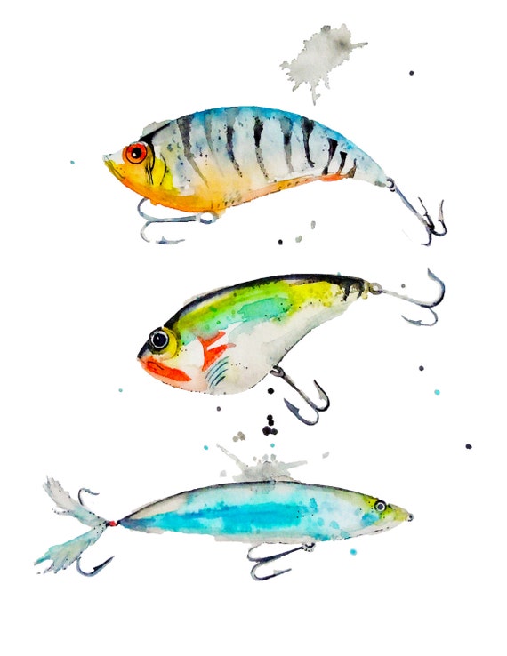 Watercolor Fishing Lures Art Print-Giclee-Boy's Room-Cabin