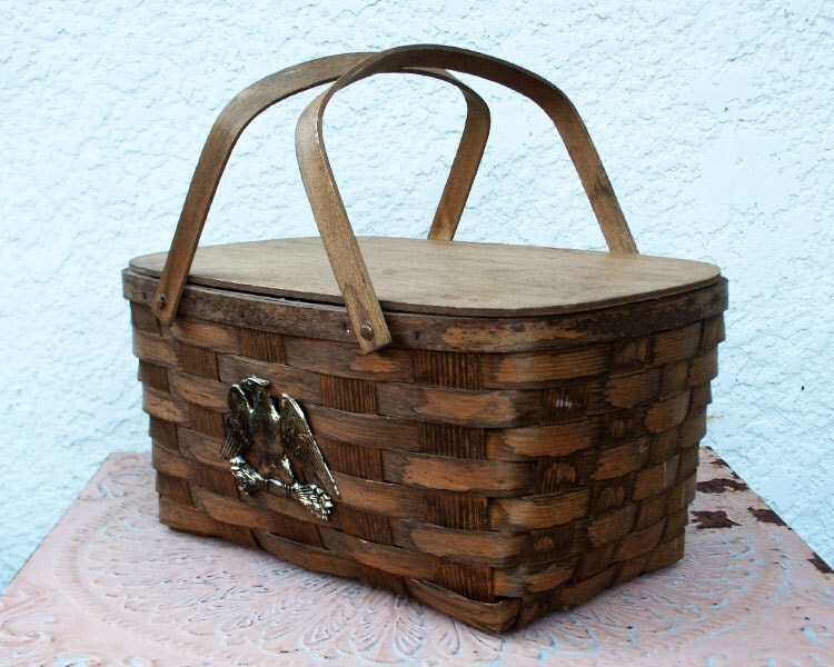 Vintage Wooden Picnic Basket Dark Stained Wood Solid Wood