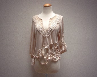 she was torn. womens cropped sweater l. tattered deconstructed altered upcycled clothing. tea dyed lace romantic bohemian grunge shabby chic