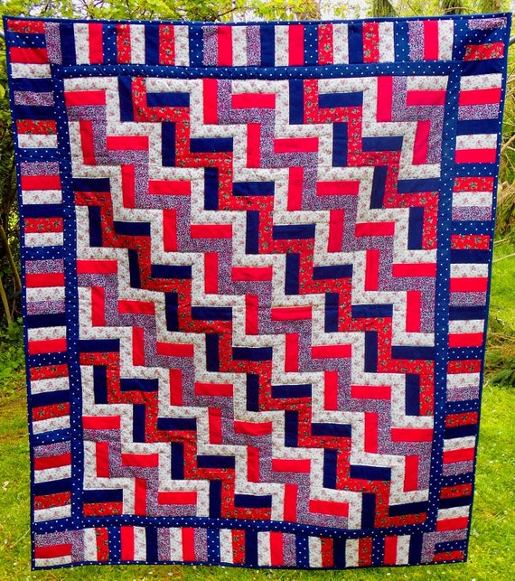 Red white and blue Rail Fence patchwork quilt