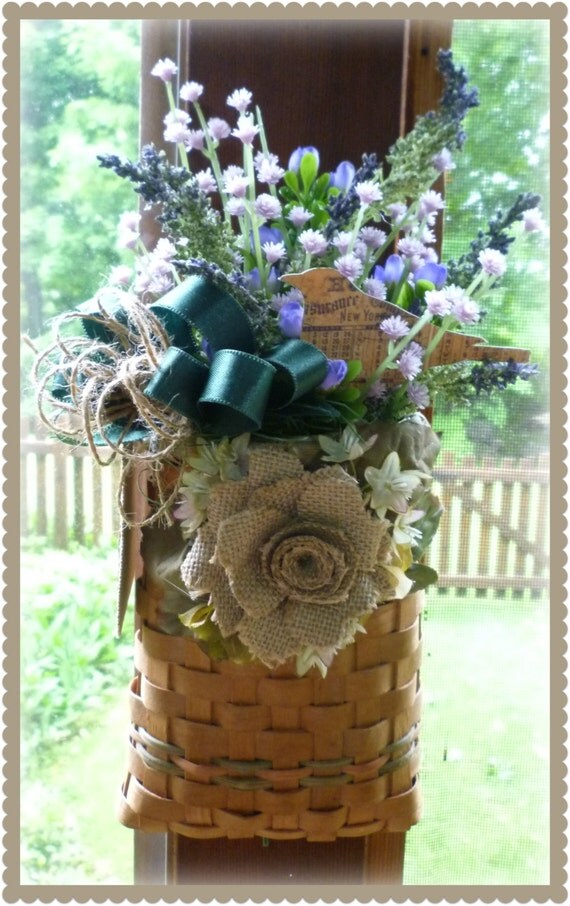 SALE Country Wall Basket with Burlap Rose filled with Summer
