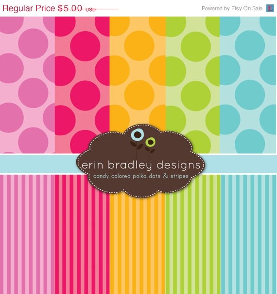 50% OFF SALE Digital Scrapbook Paper Personal and Commercial Use Colorful Polka Dots and Stripes Il_570xn