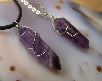 Amethyst crystal necklace pendant - Double Terminated stone point - wrap - purple Quartz stone - silver wire wrapped made to order earrings