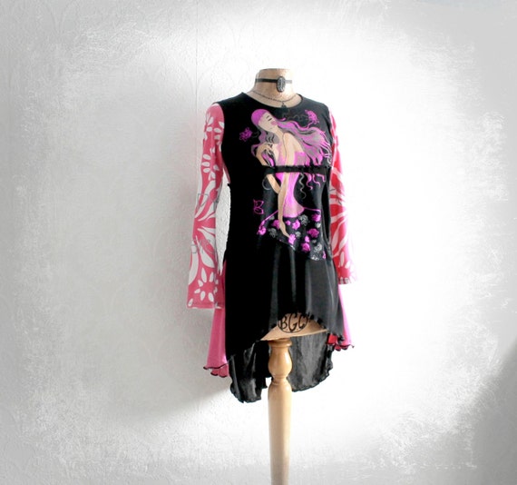Long Black Top Hot Pink Tunic Upcycled by BrokenGhostClothing