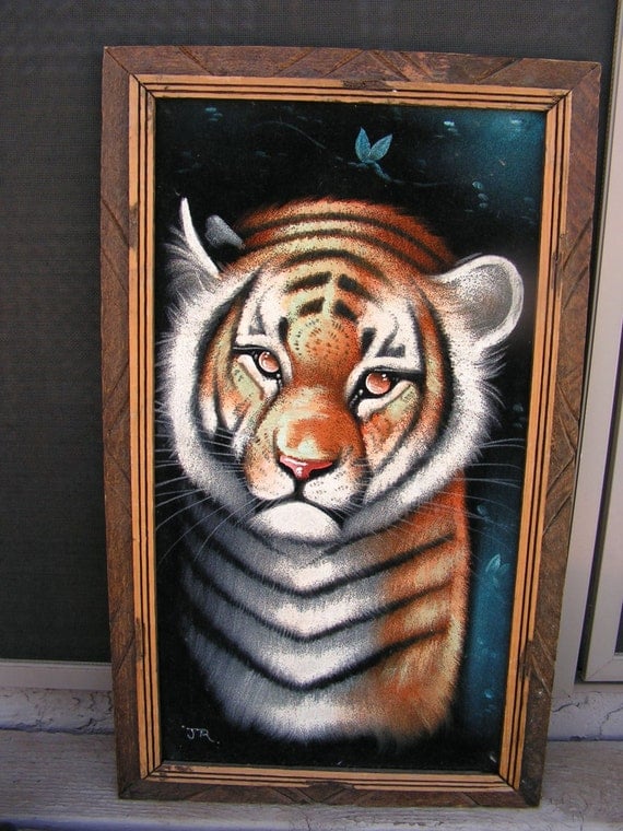 Black Velvet Painting Original Siberian Tiger by retrosideshow