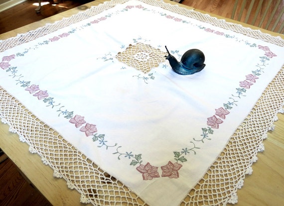 Vintage Crocheted Edge Tablecloth Square Machine by CoconutRoad