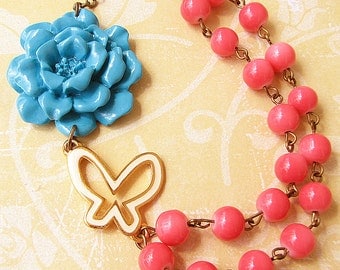 Pendant Necklace Flower Necklace Coral Jewelry Butterfly Necklace Statement Necklace Turquoise Jewelry Gift For Her