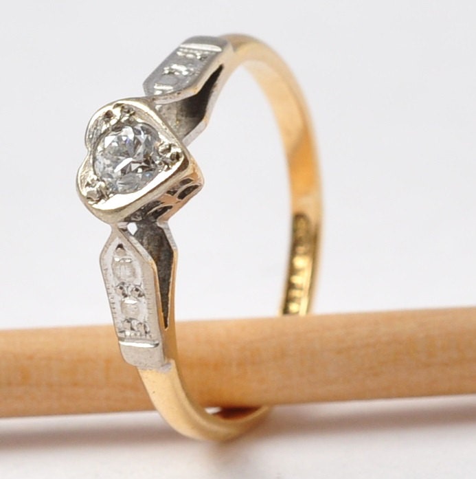 Art Deco Heart Diamond Ring Antique Engagement Solitaire 18K