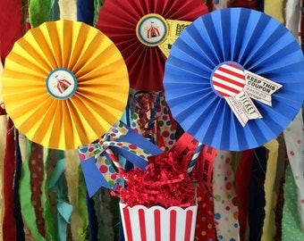 Carnival / Circus Party Centerpiece, 3 Decorated Paper Rosettes for Dessert Table or Candy Buffet at Circus Birthday with Carnival Tickets