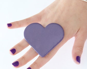 Big Purple Heart Ring, Ceramic Ring - statement ring, bold ring, large ring, adjustable ring, cocktail ring - 2.5 inch
