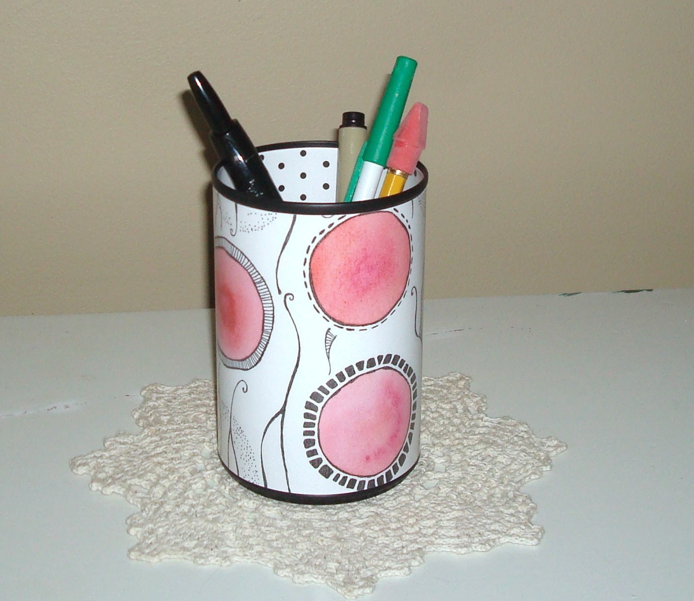 Cute Pencil Holder Pink Black Whimsical Pencil Cup by MakingTimeTC