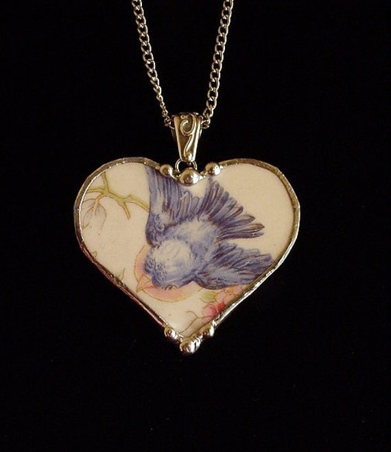 Broken china jewelry heart pendant necklace antique bluebird china