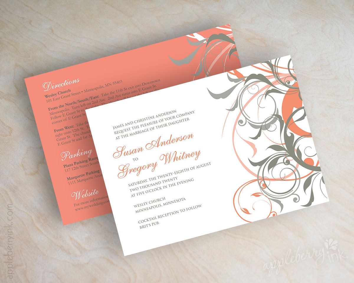 Coral Grey Wedding Invitations 1