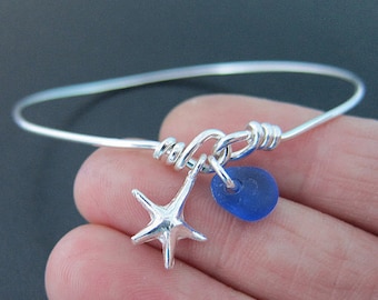 Sea Glass Bracelet, Sea Glass Bangle, Genuine Sea Glass Jewelry, Sterling Silver Charm Bracelet, Seaglass Bracelet, Seaglass Jewelry