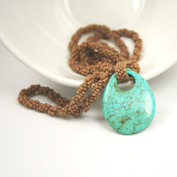 Turquoise Pendant Necklace . Beadweaving Necklace . Long