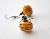 Orange Earrings, Drizzled Black Earrings, Artisan Glass Earrings, Lampwork Dangle Earrings