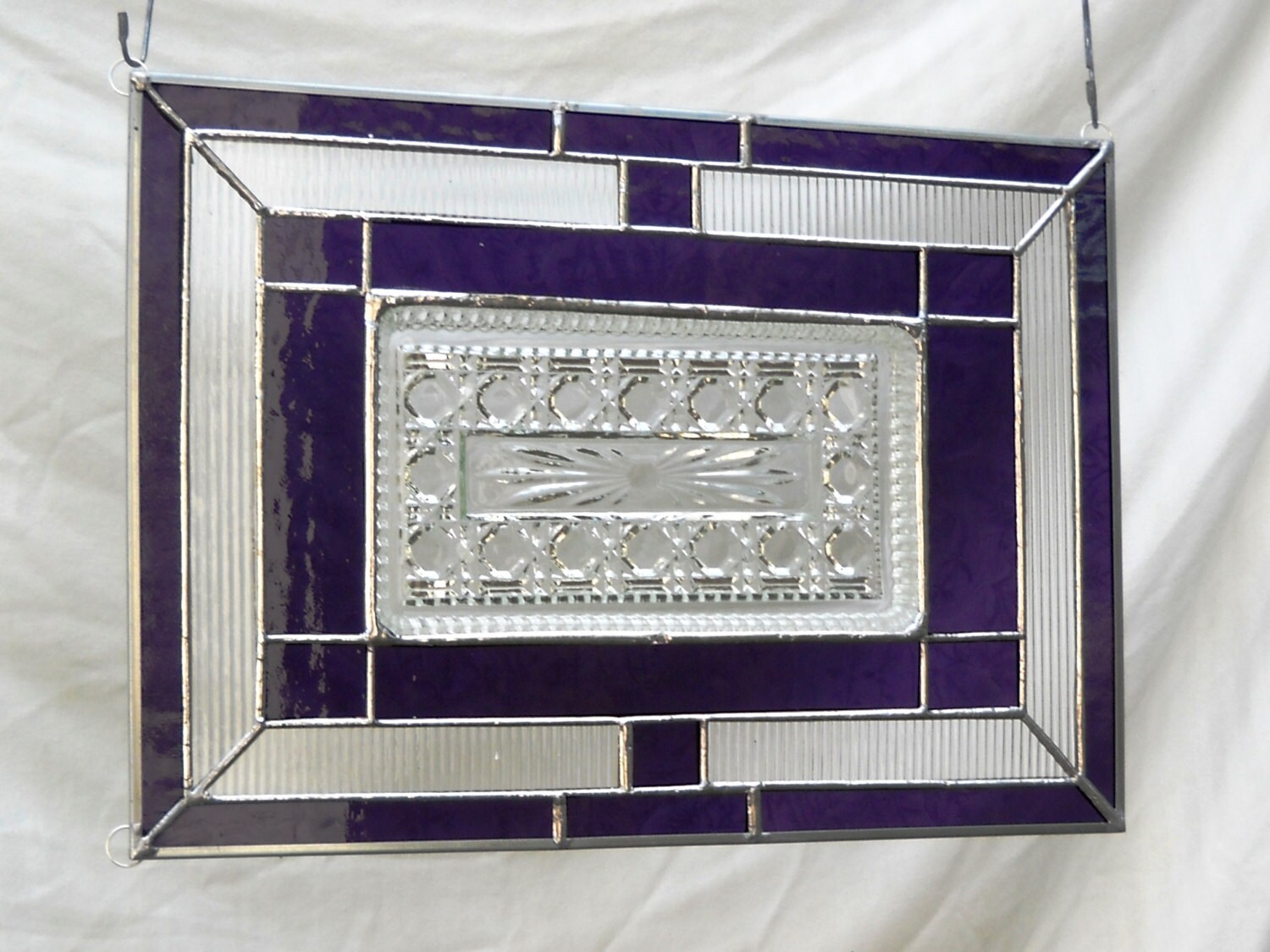 Vintage Stained Glass Plate Panel Depression Glass Recycled