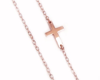 Sideways Cross Necklace, Tiny 14kt ROSE GOLDFILLED Horizontal Cross, Celebrity Inspired