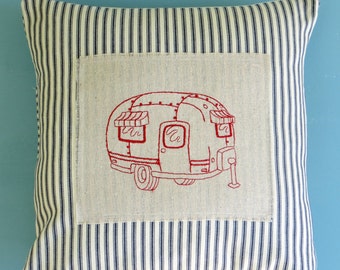 red vintage airstream trailer, navy and cream stiped French Ticking, pillow cover