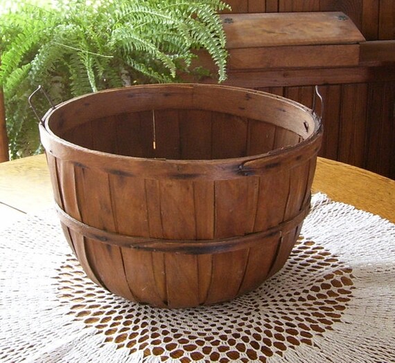 Antique Round Wooden Apple Basket With Wire Handles Apple