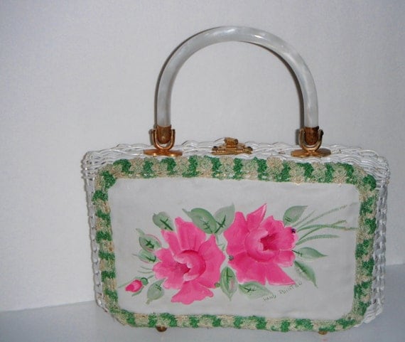 Vintage Straw Handbag, Billie of Palm Beach Purse, Hand Painted Roses