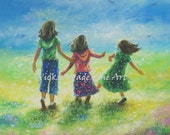 Three Sisters Art Print from Oil Painting, three girls, girls room wall art, three brunette girls, meadow, happy, Vickie Wade Art Three Sisters Art Print from Oil Painting, three girls, girls room wall art, three brunette girls, meadow, happy, Vickie Wade Art