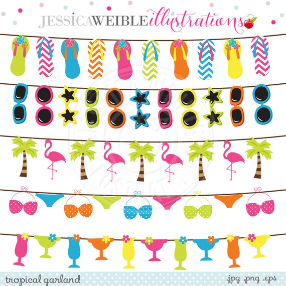 Tropical Garland Cute Clipart, Tropical Clipart, String of Flip Flops, Bunting Clipart, Tropical Clip Art, Flamingo Graphic, Summer clip art Il_570xn