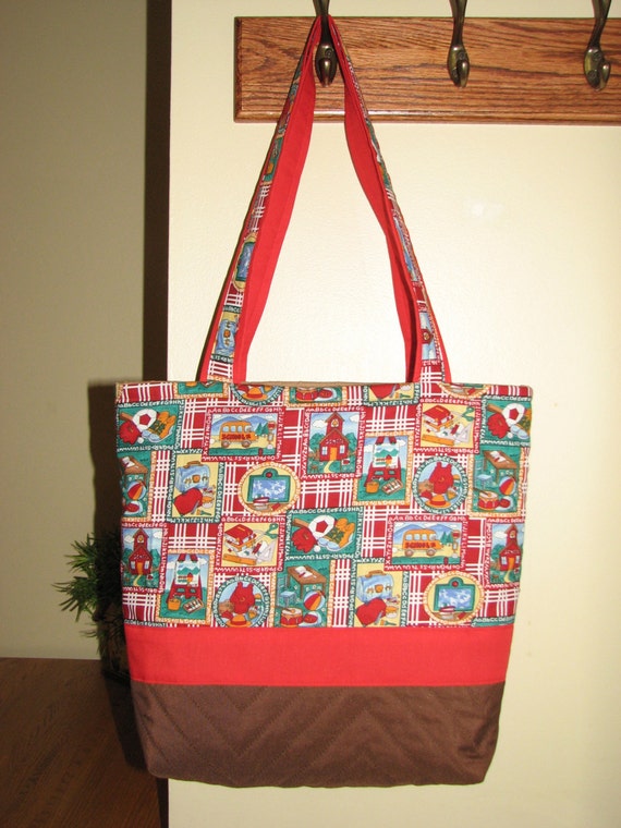 Classic Tote Bag - Large Quilted Handmade - Teachers Gift - Red and ...