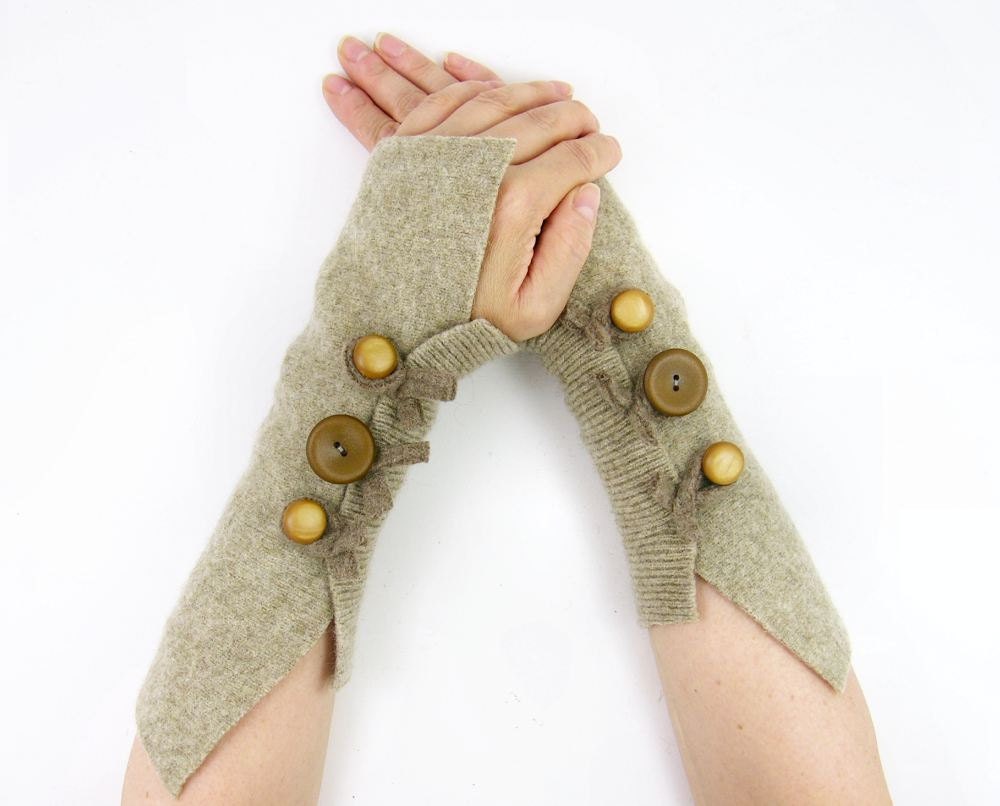 Sand Felted wool fingerless gloves recycled wool beige arm