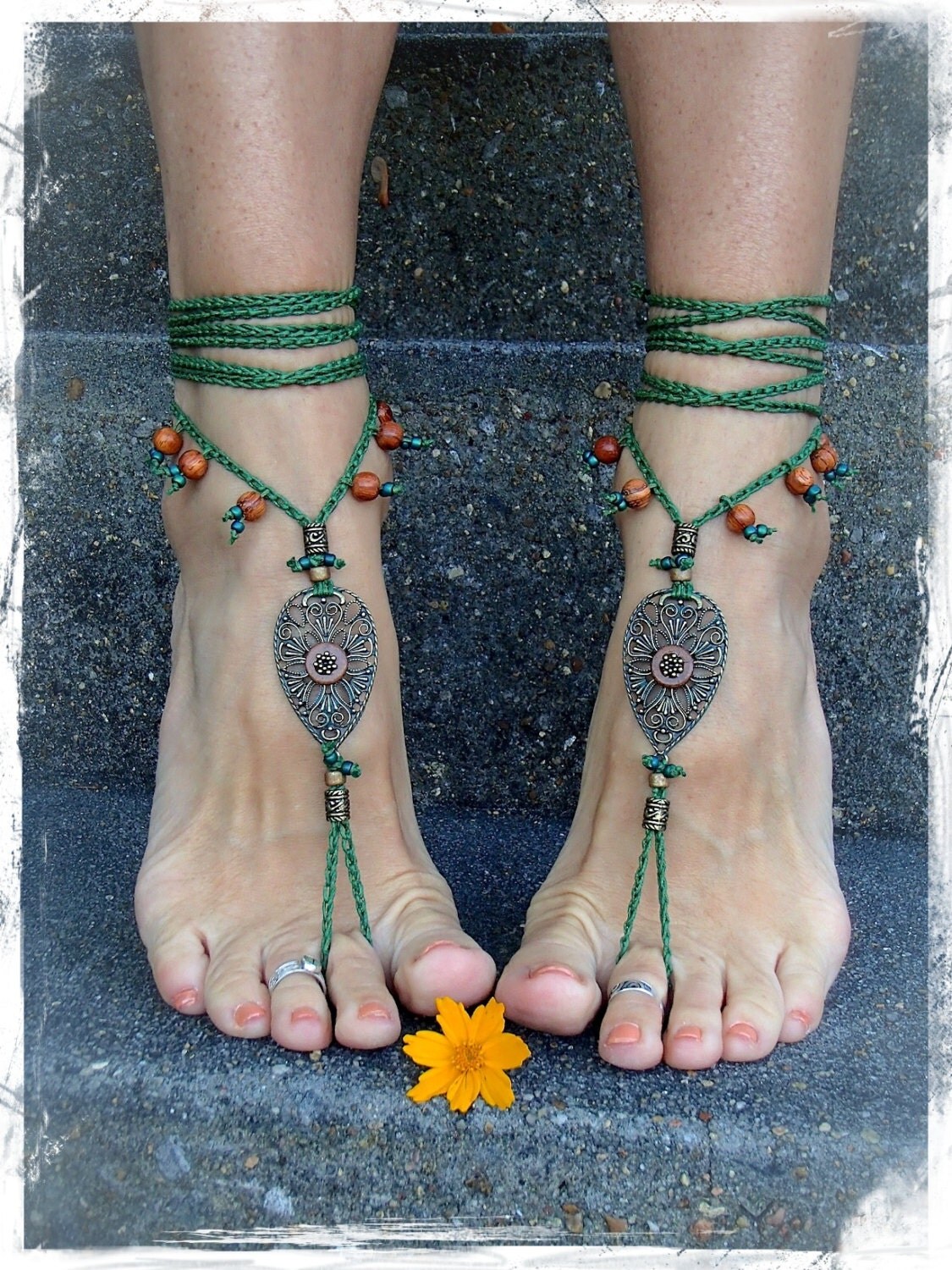 Woodland FAIRY BAREFOOT sandals Pea Green Tribal ANKLETS Gypsy