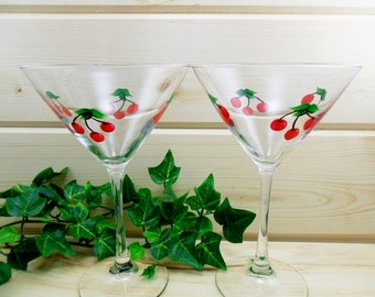 Martini Glasses Hand Painted Red Cherries Set of 2