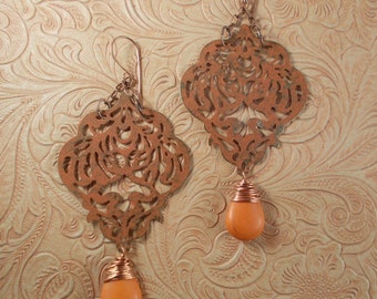 Gypsy Cowgirl Earrings - Brass Filigree with a Pumpkin Orange Finish and Orange Howlite Turquoise Teardrops