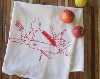 Tea Towel - Screen Printed Flour Sack Towel - Absorbent Kitchen Towel - Handmade - Camping - Pocket Knife - Eco Friendly Cotton Dish Towel