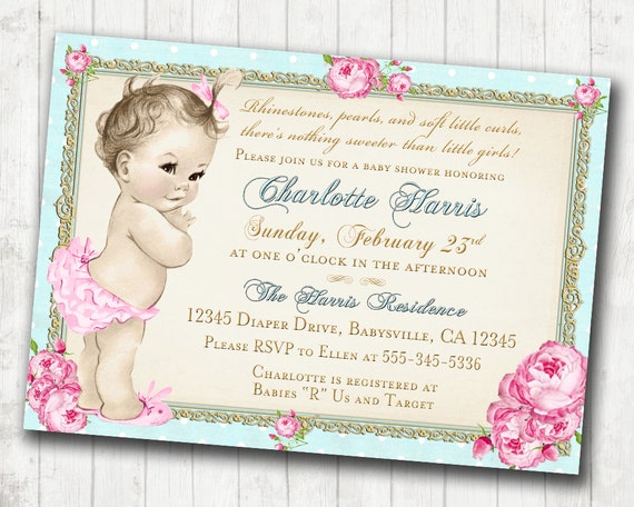 Girl Baby Shower Invitation Shabby Chic Floral Vintage Baby