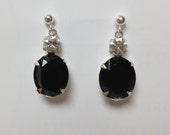 Post Earrings, Vintage Swarovski Jet Black Oval with Crystal in a Silver Plated Setting, Drop, Dangle