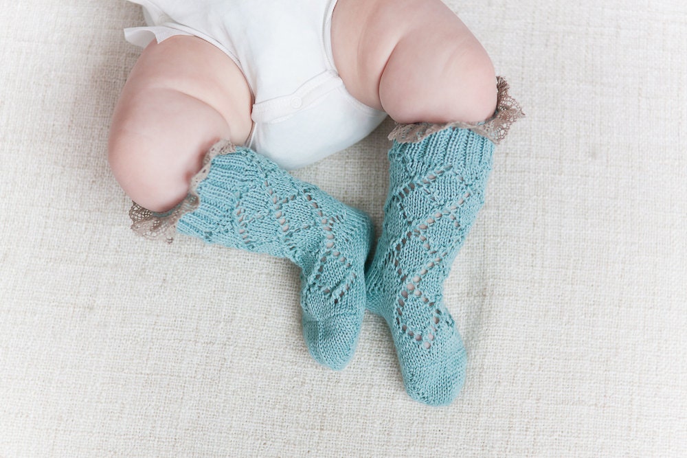 BABY LACE SOCKS with linen lace trim knit in mint green Baby